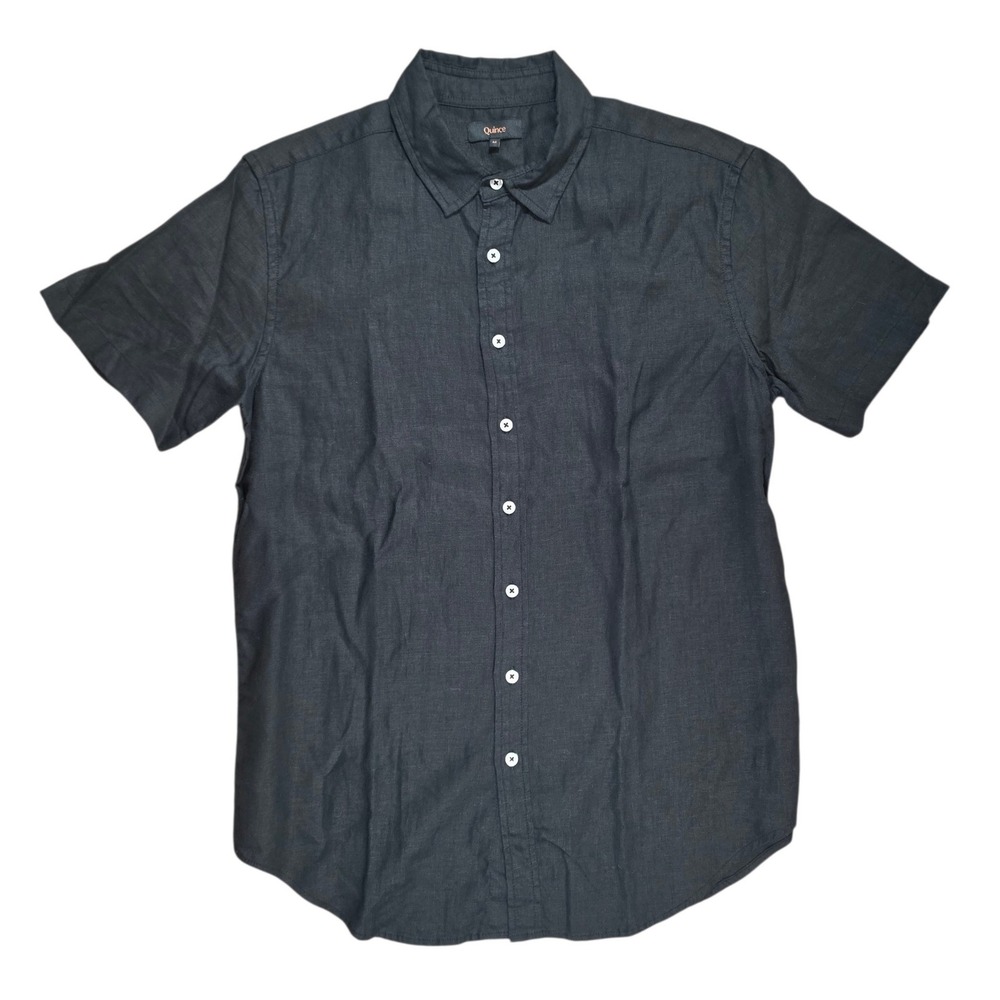 Quince Mens M Short Sleeve Button Up Shirt Black Linen Casual Breathable Luxury